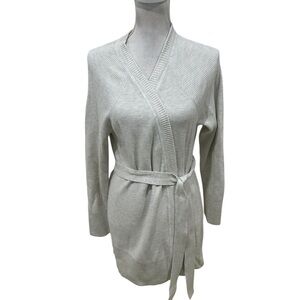 T by Talbots Soft Gray heathered Cardigan cotton Sweater belted size large